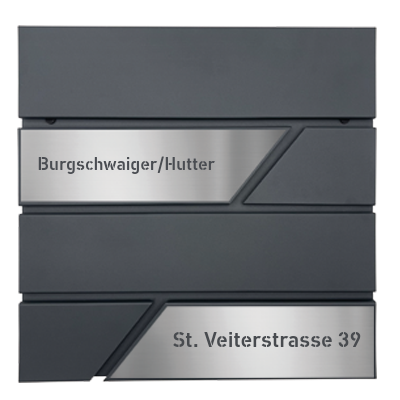 AlbersDesign Briefkasten B1 anthrazit (RAL7016) personalisiert mit Edelstahl-Schildern