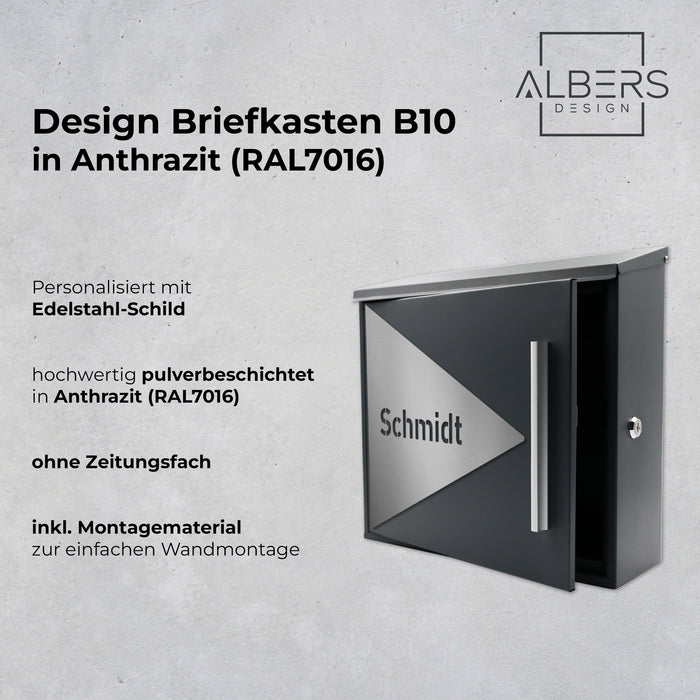 AlbersDesign Briefkasten B10-1 anthrazit (RAL7016) - ohne Zeitungsfach -  personalisiert mit Edelstahl-Schild