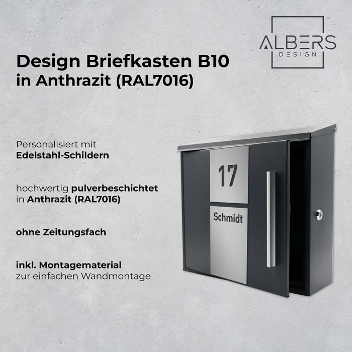 AlbersDesign Briefkasten B10-2 anthrazit (RAL7016) - ohne Zeitungsfach -  personalisiert mit Edelstahl-Schildern