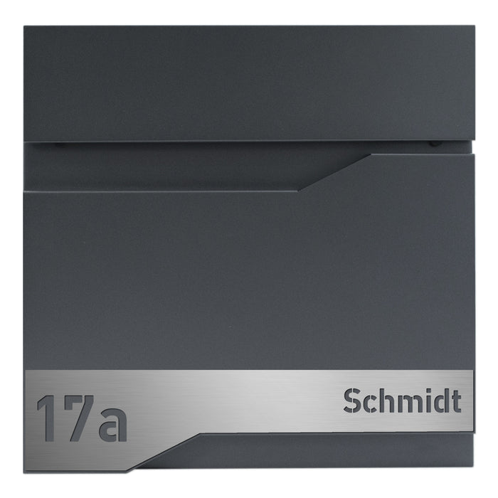 AlbersDesign Briefkasten B14 Anthrazit (RAL7016) personalisiert mit Edelstahlschild