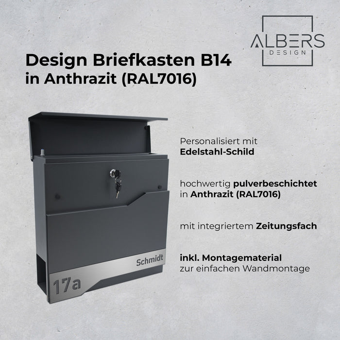 AlbersDesign Briefkasten B14 Anthrazit (RAL7016) personalisiert mit Edelstahlschild