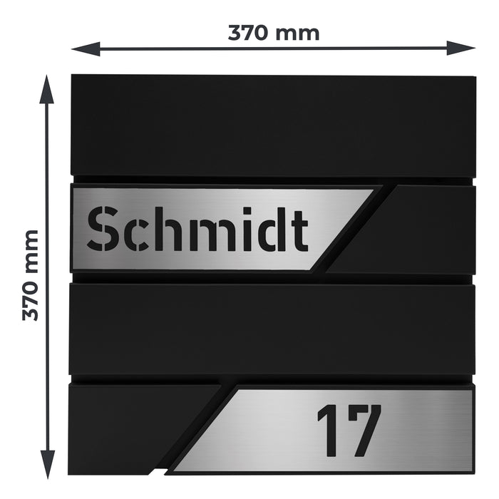 AlbersDesign Briefkasten B1 schwarz (RAL9005) personalisiert mit Edelstahl-Schildern