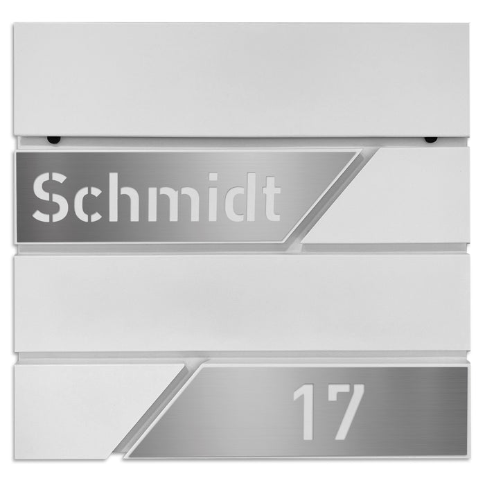 AlbersDesign Briefkasten B1 weiß (RAL9003) personalisiert mit Edelstahl-Schildern