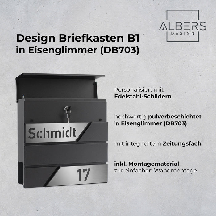 AlbersDesign Briefkasten B1 Eisenglimmer (DB703) personalisiert mit Edelstahl-Schildern