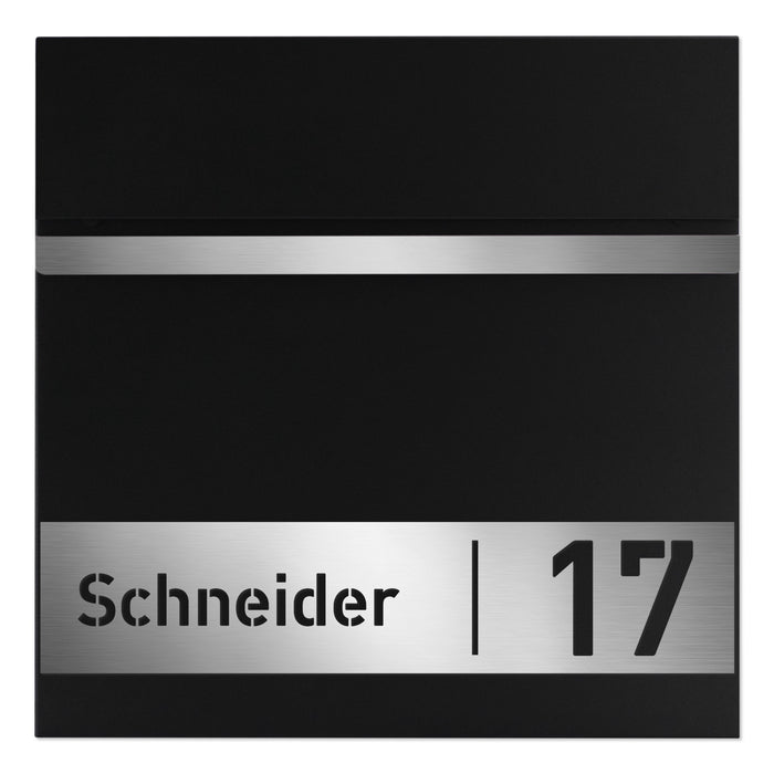 AlbersDesign Briefkasten B3 schwarz (RAL 9005) personalisiert mit Edelstahlschild
