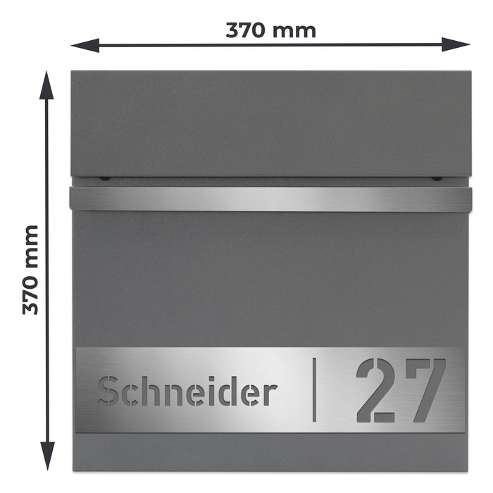 AlbersDesign Briefkasten B3 in Graualuminium (RAL9007) personalisiert mit Edelstahlschild