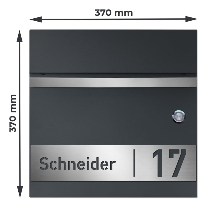 AlbersDesign Briefkasten B3 mit Klingeltaster in anthrazit (RAL7016) personalisiert mit Edelstahlschild