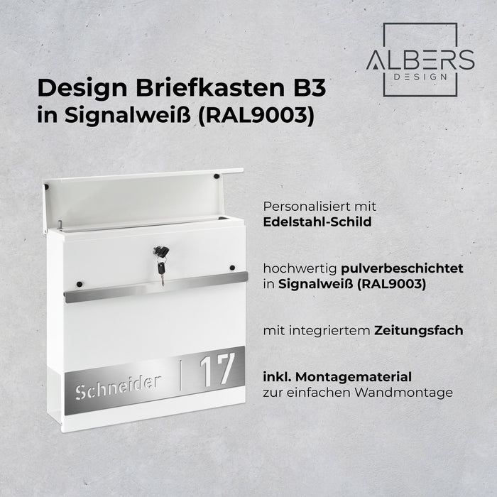 AlbersDesign Briefkasten B3 Signalweiß (RAL9003) personalisiert mit Edelstahlschild