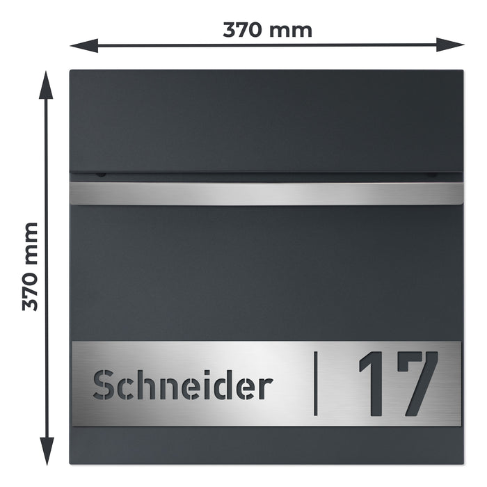 AlbersDesign Briefkasten B3 anthrazit (RAL7016) personalisiert mit Edelstahlschild