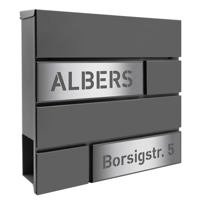 AlbersDesign Briefkasten B4 in Graualuminium (RAL9007) personalisiert mit Edelstahl-Schildern