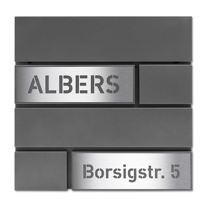 AlbersDesign Briefkasten B4 in Graualuminium (RAL9007) personalisiert mit Edelstahl-Schildern