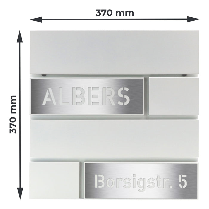 AlbersDesign Briefkasten B4 weiß (RAL9003) personalisiert mit Edelstahl-Schildern