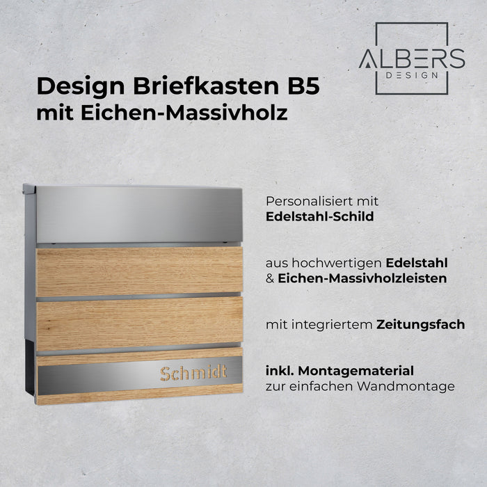 AlbersDesign Briefkasten B5 (in Edelstahl) mit Eichen-Massivholzelementen - personalisiert mit Edelstahl-Schild