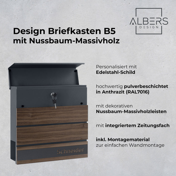 AlbersDesign Briefkasten B5 (in RAL7016) mit Nussbaum-Massivholzelementen - personalisiert mit Edelstahl-Schild