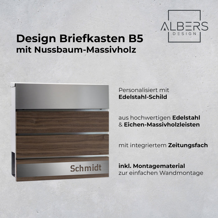 AlbersDesign Briefkasten B5 (in Edelstahl) mit Nussbaum-Massivholzelementen - personalisiert mit Edelstahl-Schild
