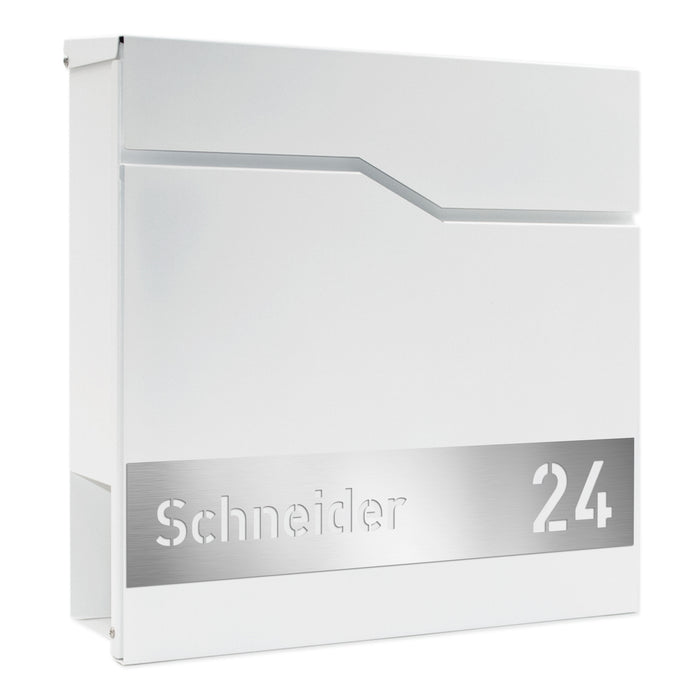 AlbersDesign Briefkasten B7 Weiß (RAL9003) personalisiert mit Edelstahl-Schild