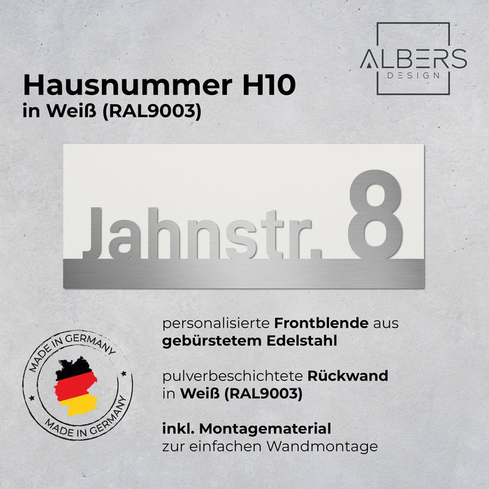 Edelstahl Straße & Hausnummer, mit 3D Effekt, Rückwand pulverbeschichtet in RAL9003, Frontblende in Edelstahl
