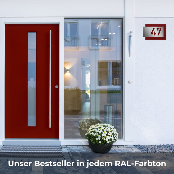 Edelstahl-Hausnummer, mit 3D Effekt, Rückwand pulverbeschichtet in Wunschfarbe, Frontblende in Edelstahl