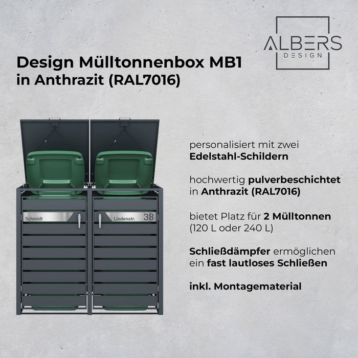 AlbersDesign Mülltonnenbox MB1 anthrazit (RAL7016) personalisiert mit Edelstahl-Schildern