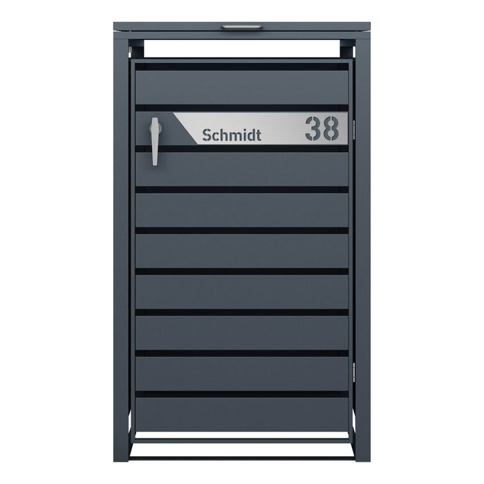 AlbersDesign Mülltonnenbox MB2 Anthrazit (RAL7016) personalisiert mit Edelstahl-Schild