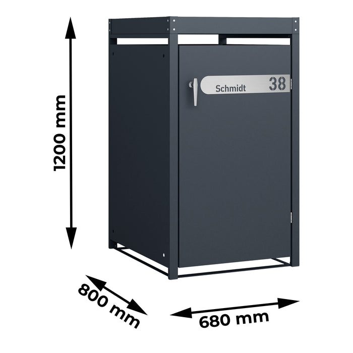 AlbersDesign Mülltonnenbox MB5 Anthrazit (RAL7016) personalisiert mit Edelstahl-Schild