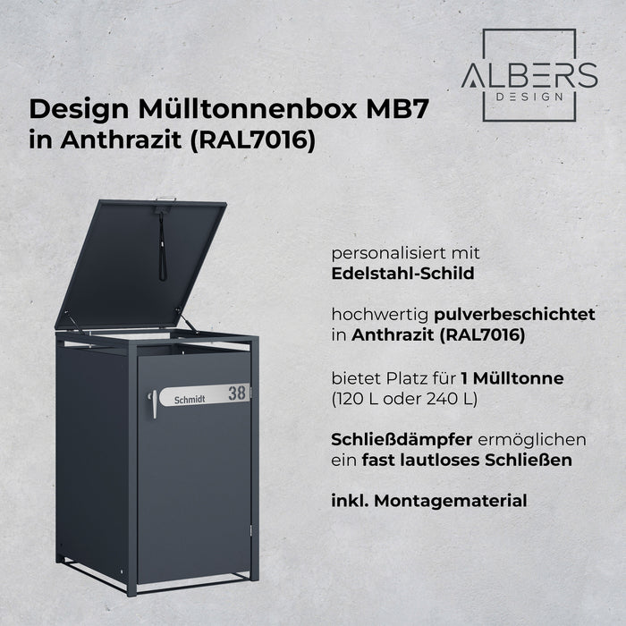 AlbersDesign Mülltonnenbox MB7 Anthrazit (RAL7016) personalisiert mit Edelstahl-Schild