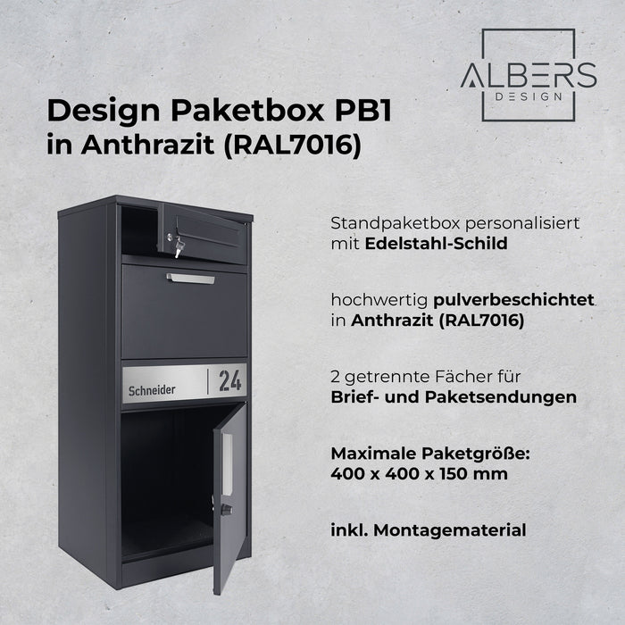 AlbersDesign Stand-Paketbox PB1 anthrazit (RAL7016) personalisiert mit Edelstahl-Schild