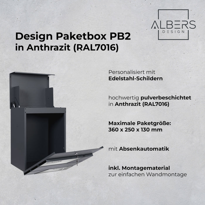 AlbersDesign Paketbox PB2 anthrazit (RAL7016) personalisiert mit Edelstahl-Schildern