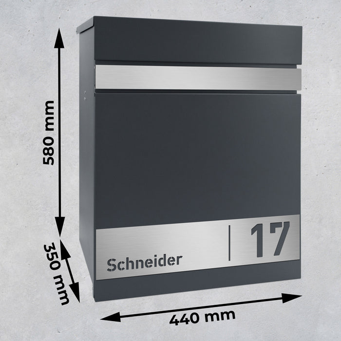 AlbersDesign Paketbox PB3 anthrazit (RAL7016) personalisiert mit Edelstahl-Schild