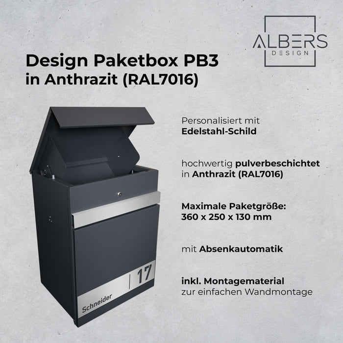 AlbersDesign Paketbox PB3 anthrazit (RAL7016) personalisiert mit Edelstahl-Schild