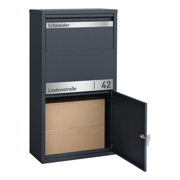 AlbersDesign Paketbox PB4 anthrazit (RAL7016) personalisiert mit Edelstahl-Schild