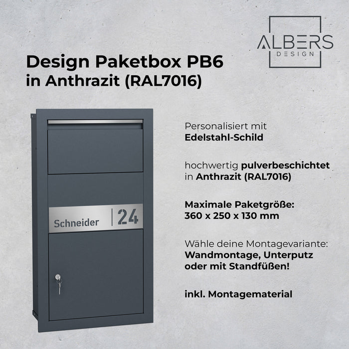 AlbersDesign Paketbox PB6 Anthrazit (RAL7016) personalisiert mit Edelstahl-Schild